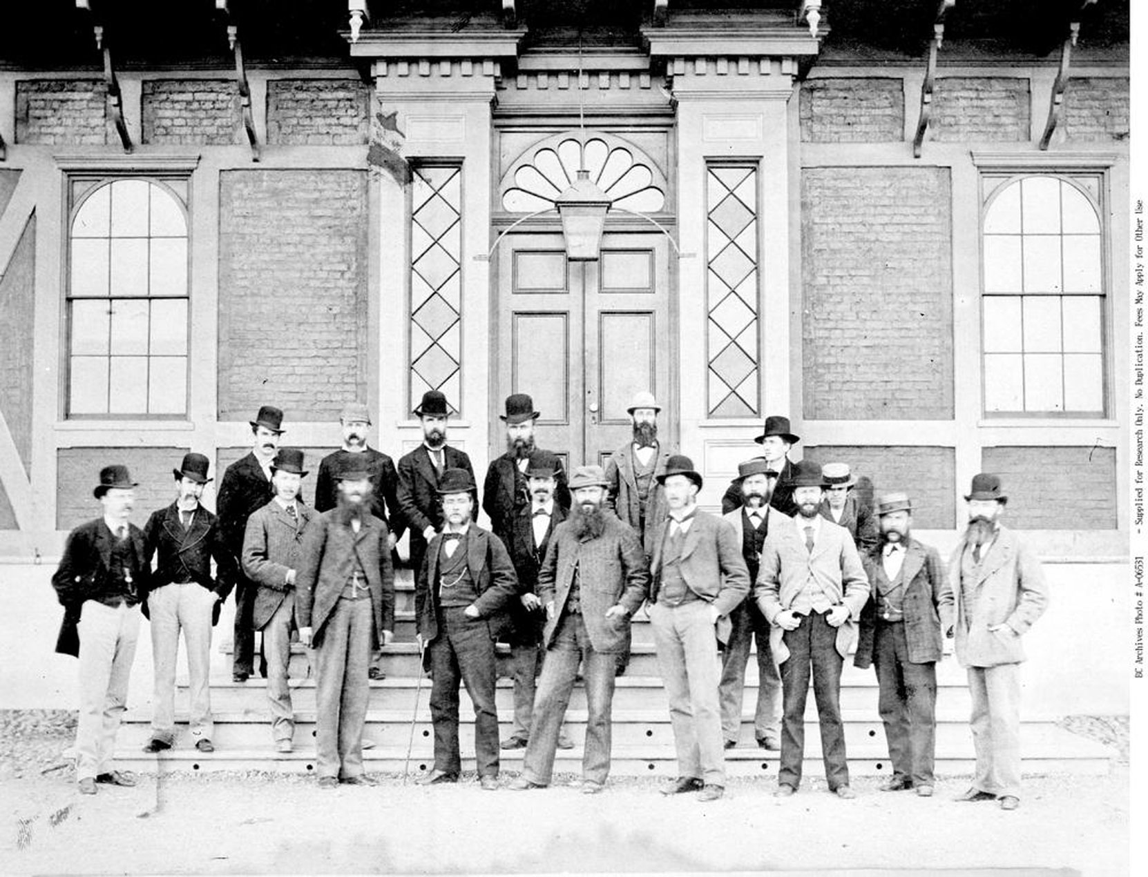 BC Civil Servants in Victoria, 1878. The Freemasons we know to be in this photo are Hugh Aikman (front row. far right) and Edward Gawlor Prior (second row, second from left) [BC Archives photo A-06531]