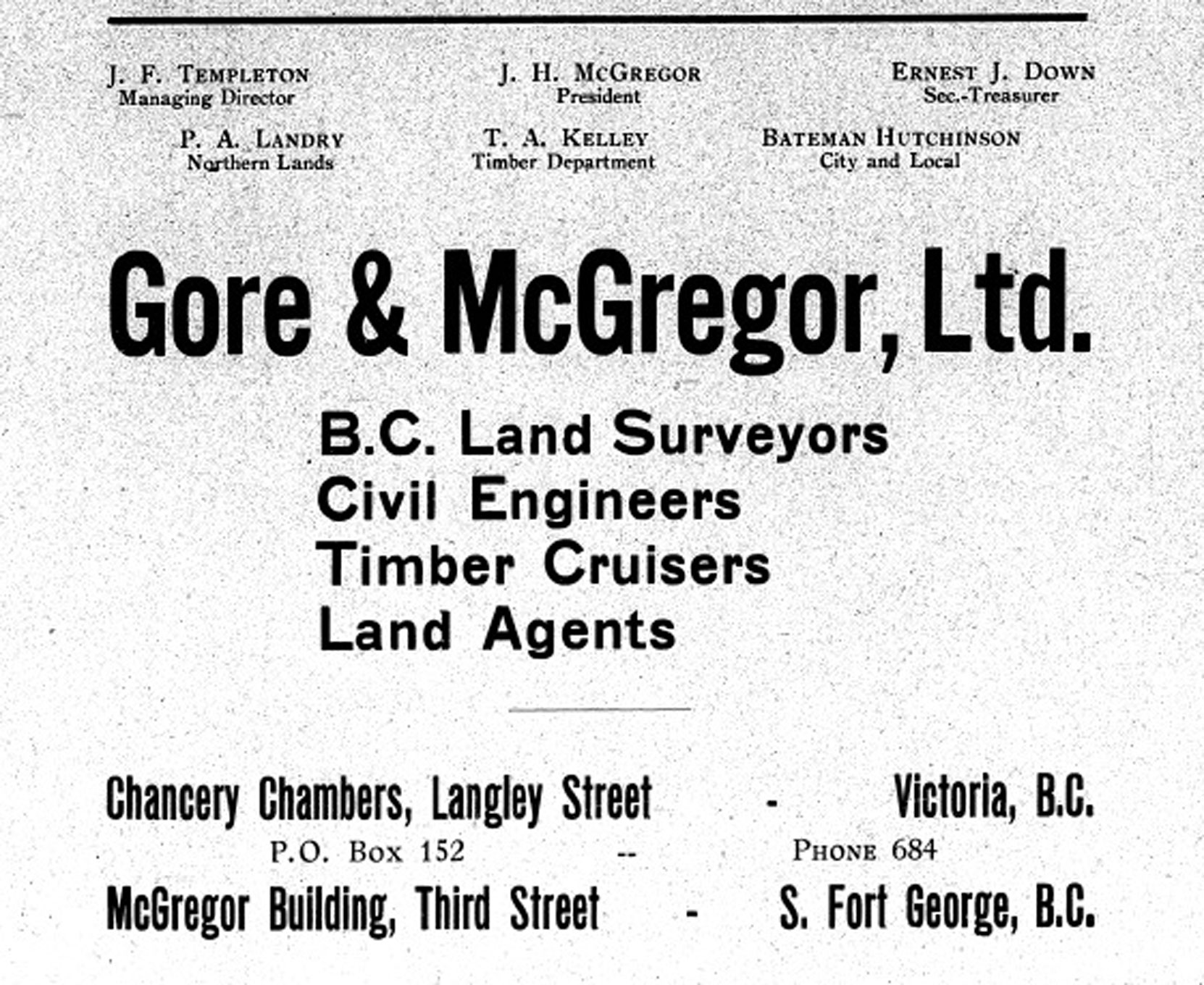 Gore & McGregor advertisement in the 1914 edition of Henderson's Victoria City Directory. James Herrick McGregor was killed in action near Ypres, Belgium in April 1915.