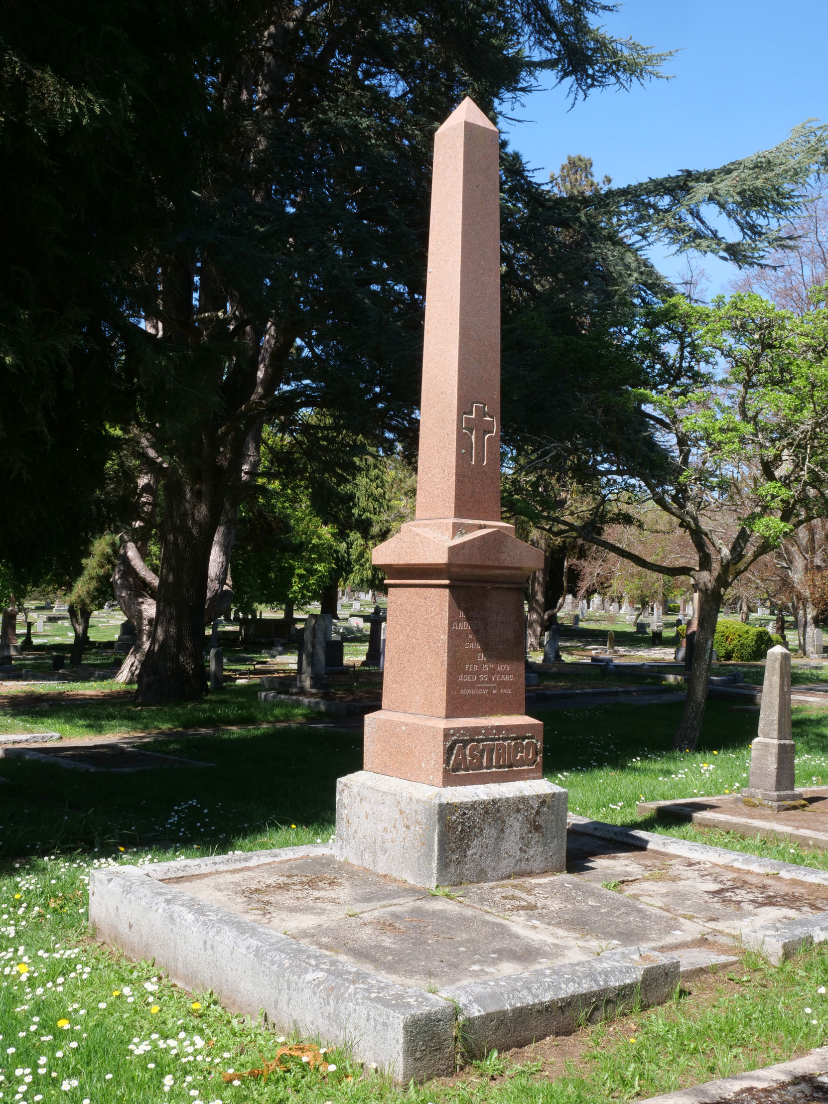 The grave of Andrea Astrico in Ross Bay Cemetery [photo: Vancouver & Quadra Lodge No. 2 Historian]