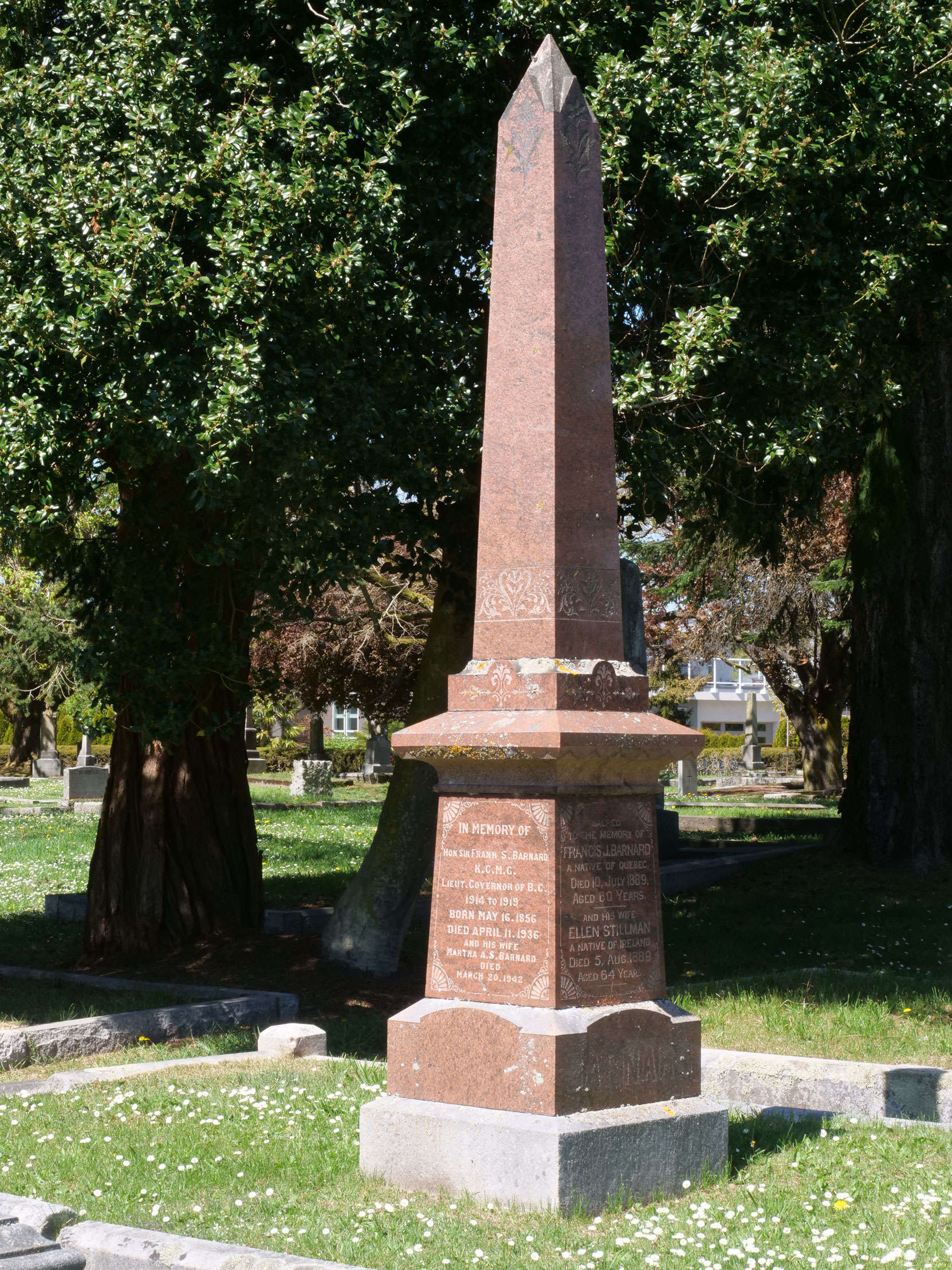 The grave of Sir Frank Stilman Barnard and Francis J. Barnard in Ross Bay Cemetery, Victoria, B.C. [photo: Vancouver & Quadra Lodge No. 2 Historian]