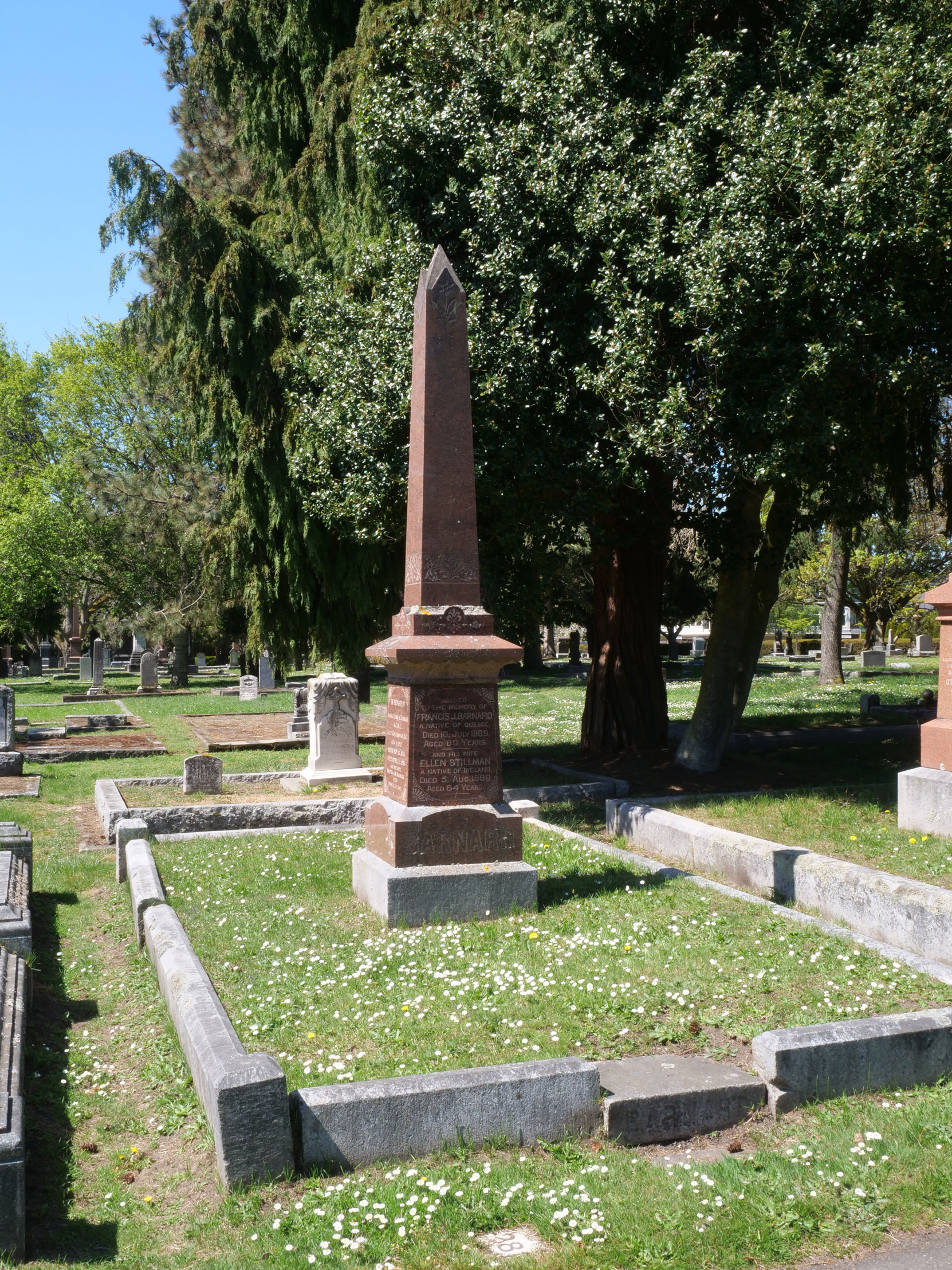 The grave of Sir Frank Stilman Barnard and Francis J. Barnard in Ross Bay Cemetery, Victoria, B.C. [photo: Vancouver & Quadra Lodge No. 2 Historian]