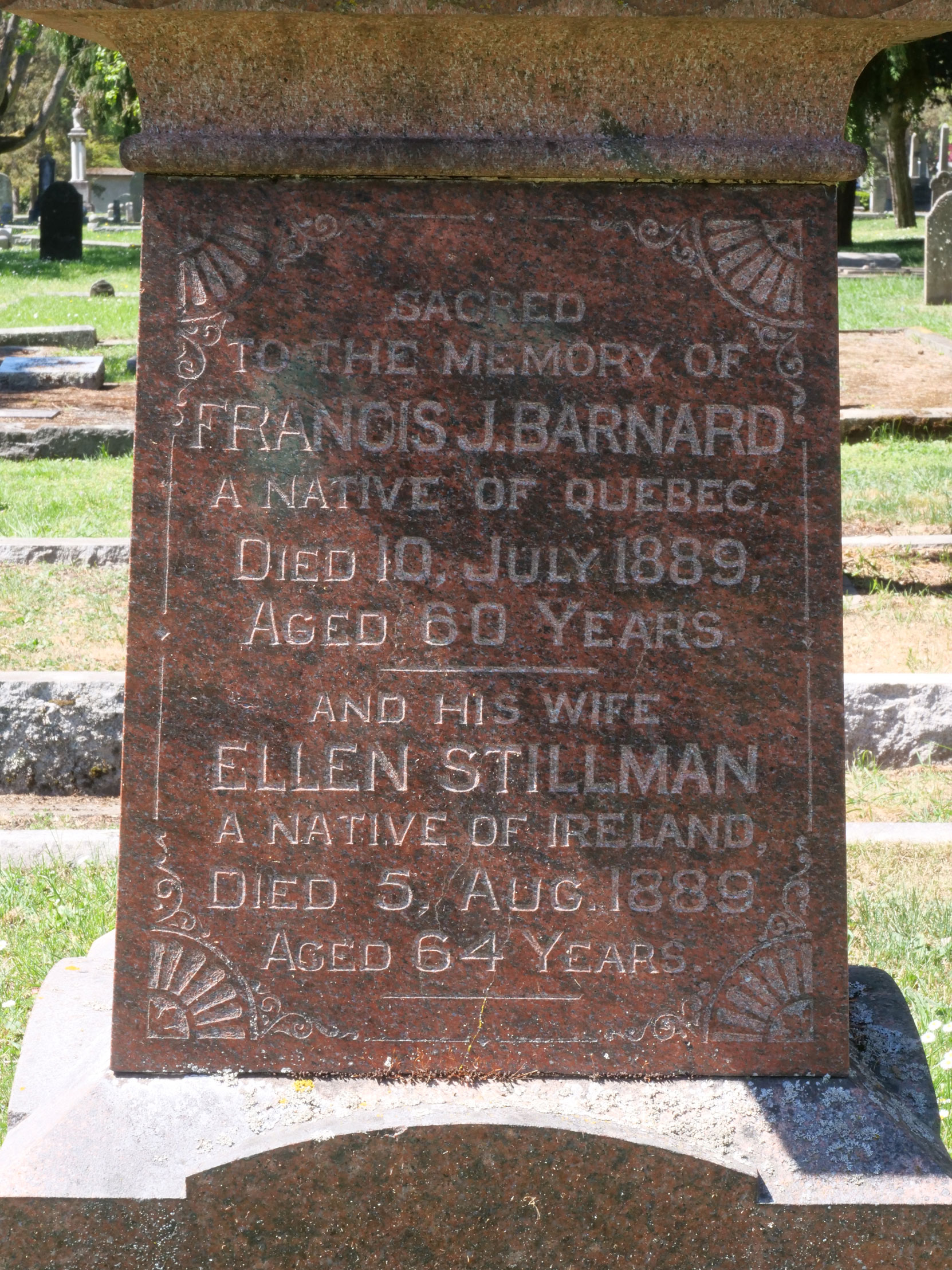 The inscription on the grave of Francis J. Barnard in Ross Bay Cemetery, Victoria, B.C. [photo: Vancouver & Quadra Lodge No. 2 Historian]