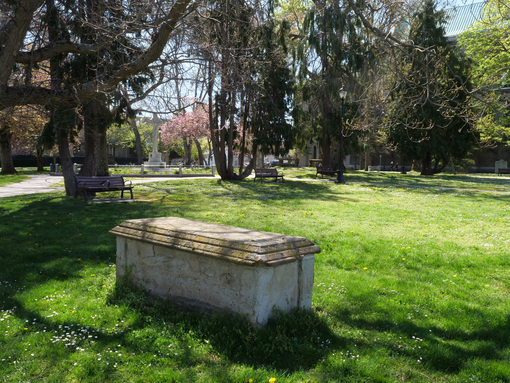 The grave of Thomas Carter (died 1869, aged 54) in Pioneer Square, Victoria, B.C..This is one of the few Pioneer Square graves still in its original position. [photo: Vancouver & Quadra Lodge No. 2 Historian]