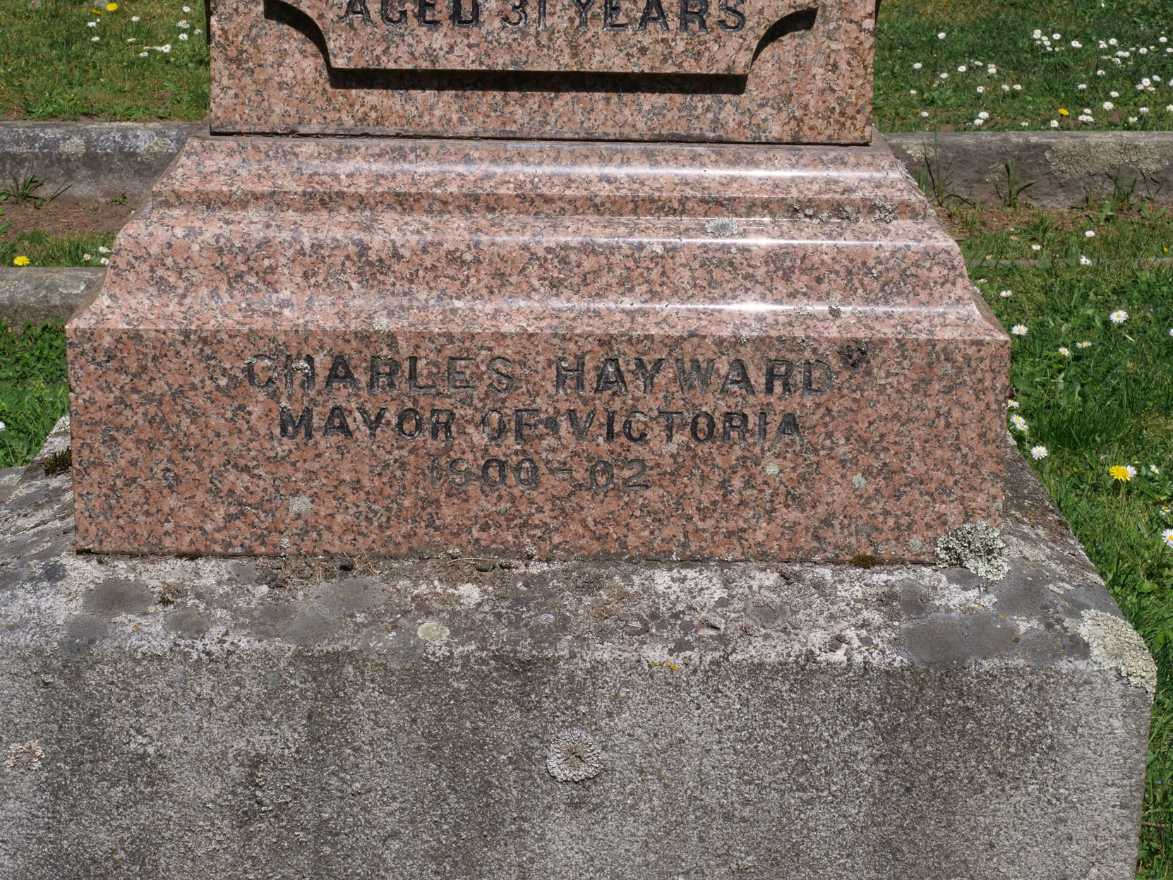 Inscription on the grave of Charles Hayward, Ross Bay Cemetery, Victoria, B.C, [photo: Vancouver & Quadra Lodge No. 2 Historian]