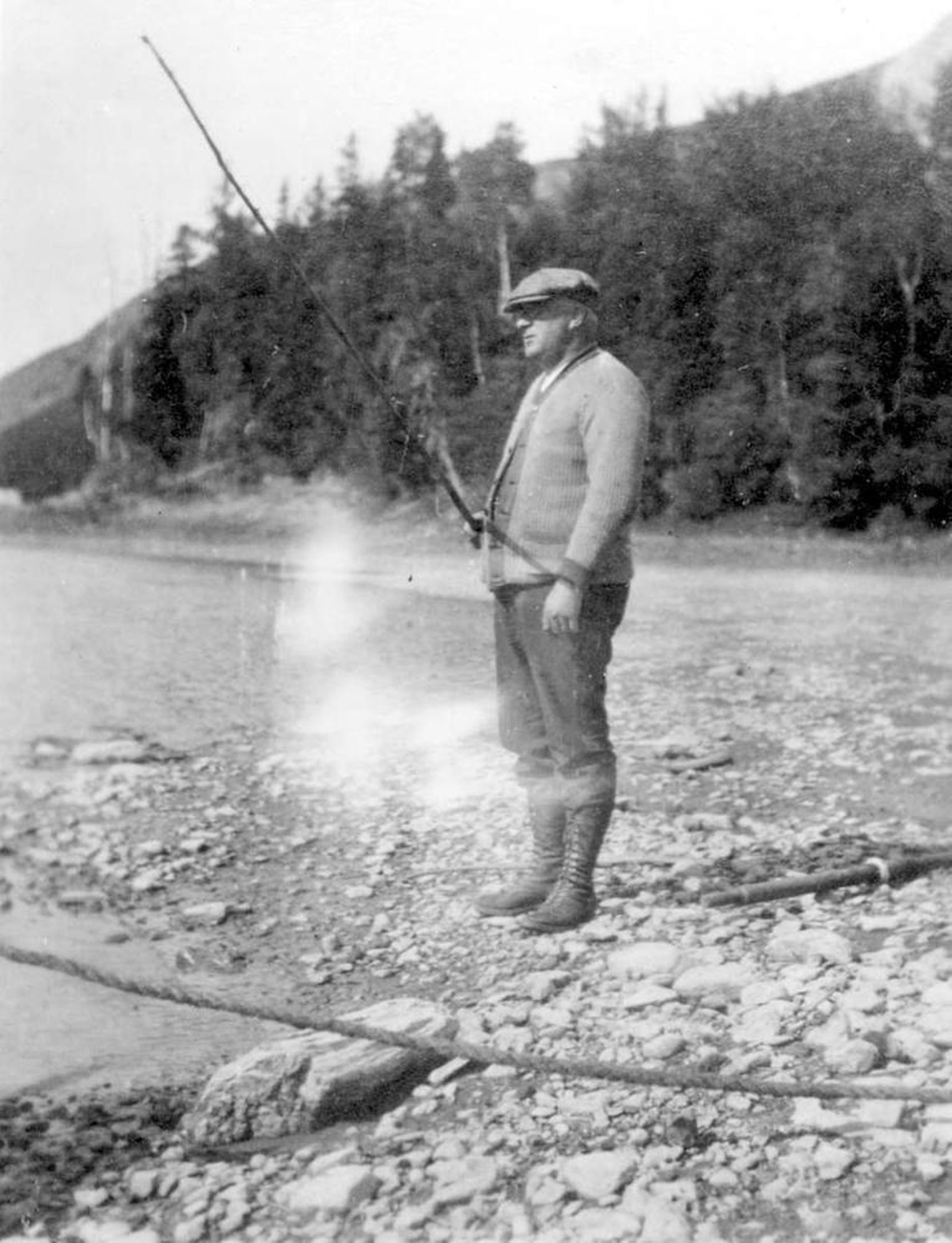 Premier Harlan Carey Brewster fishing on the Peace River, September 1917 [BC Archives photo D-00360]