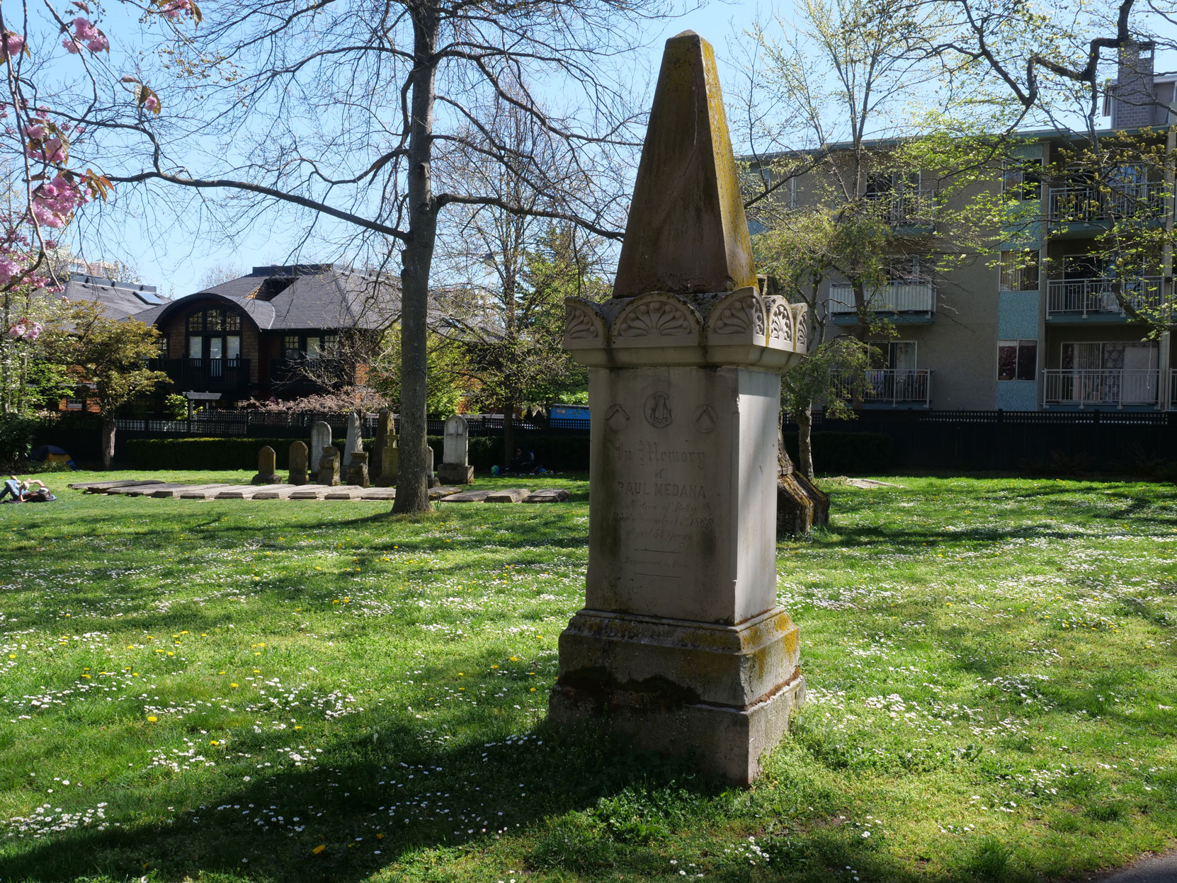 The grave of Paul Medana in Pioneer Square in downtown Victoria [photo: Vancouver & Quadra Lodge No. 2 Historian]