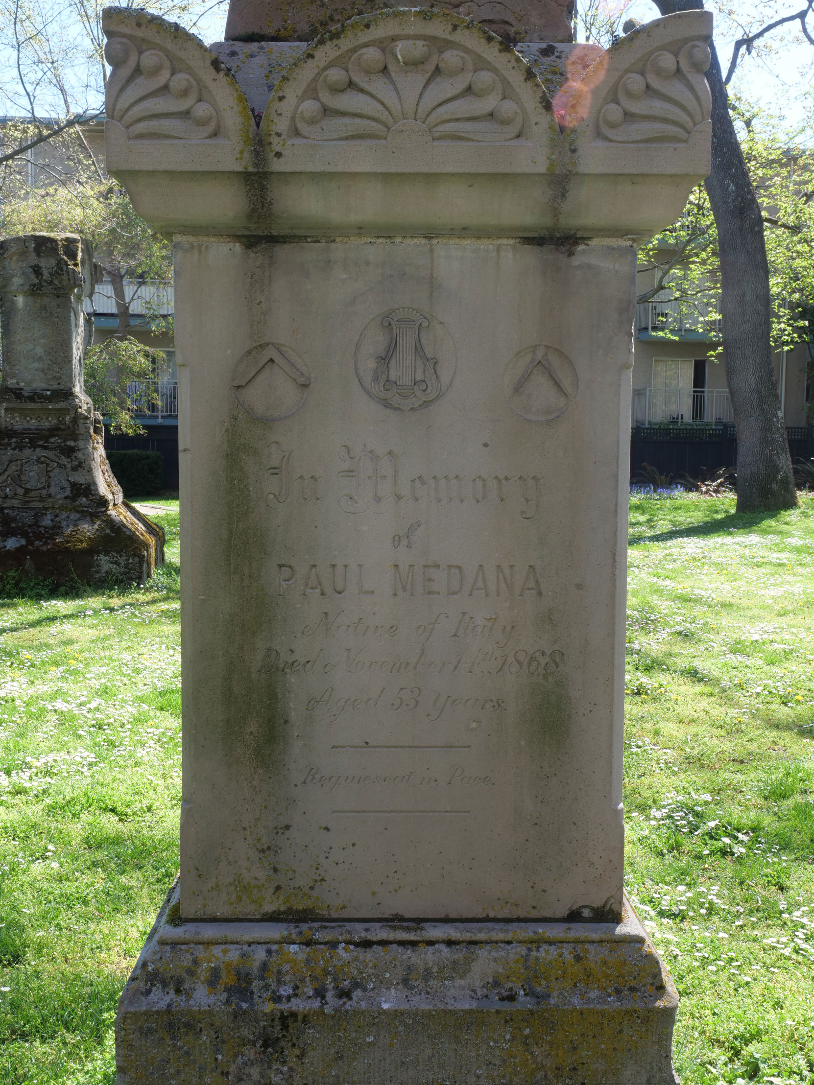 The inscriptions on the grave of Paul Medana in Pioneer Square in downtown Victoria. [photo: Vancouver & Quadra Lodge No. 2 Historian]