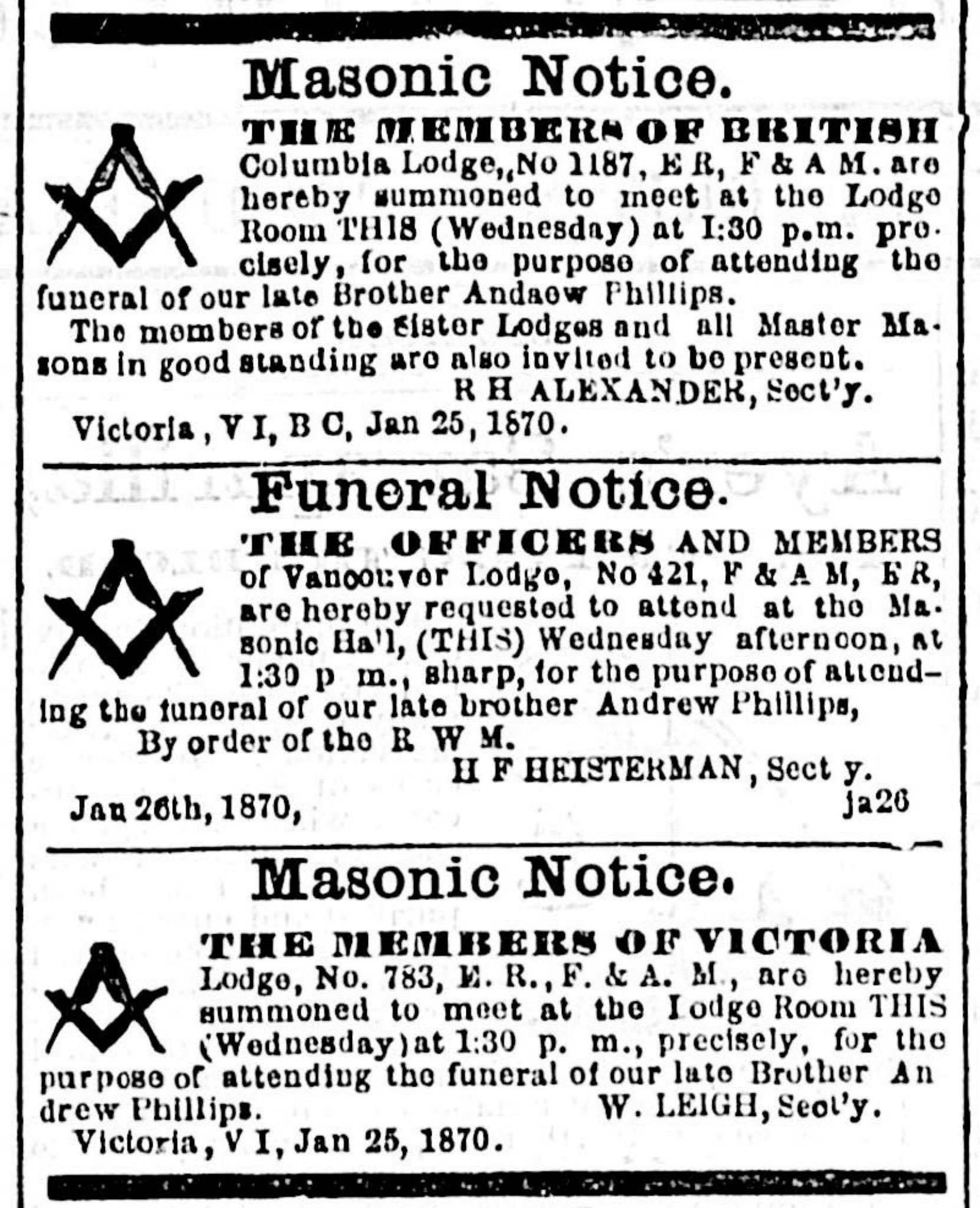 Andrew Phillips' Funeral Notices in the British Daily Colonist, January 1870 [Vancouver & Quadra Lodge No. 2 Historical Collection]