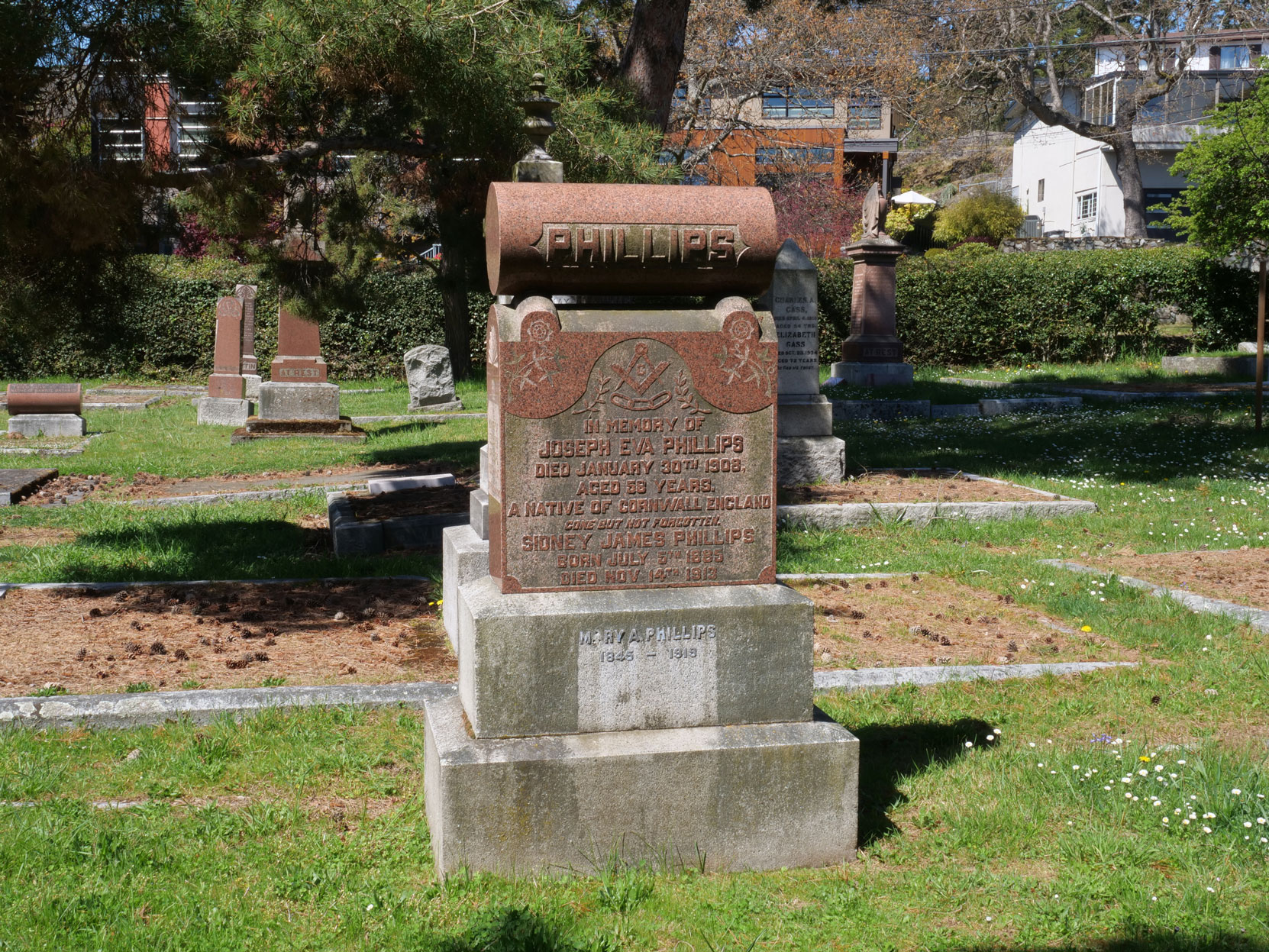 The grave of Joseph Eva Phillips (died 1908, aged 58) in Ross Bay Cemetery, Victoria, B.C. [photo: Vancouver & Quadra Lodge No. 2 Historian]