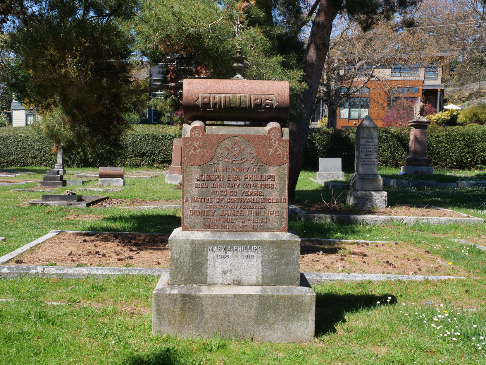 The grave of Joseph Eva Phillips (died 1908, aged 58) in Ross Bay Cemetery, Victoria, B.C. [photo: Vancouver & Quadra Lodge No. 2 Historian]