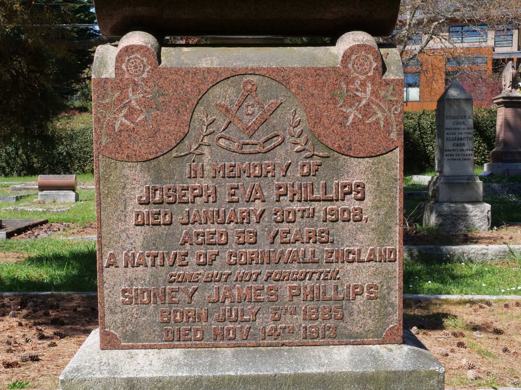 The inscription on the grave of Joseph Eva Phillips (died 1908, aged 58) in Ross Bay Cemetery, Victoria, B.C. [photo: Vancouver & Quadra Lodge No. 2 Historian]