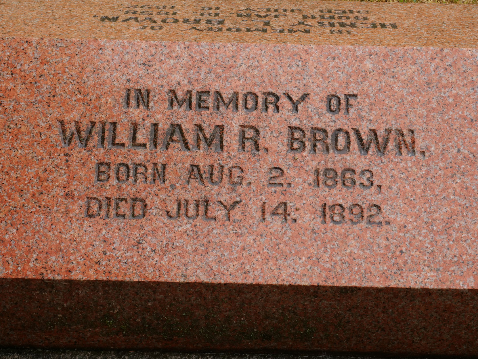 Inscription on the grave of Henry Letson Brown & William Robie Brown, who died of smallpox during the smallpox outbreak of 1892. Ross Bay Cemetery, Victoria, B.C. [ photo: Vancouver & Quadra Lodge No. 2 Historian]