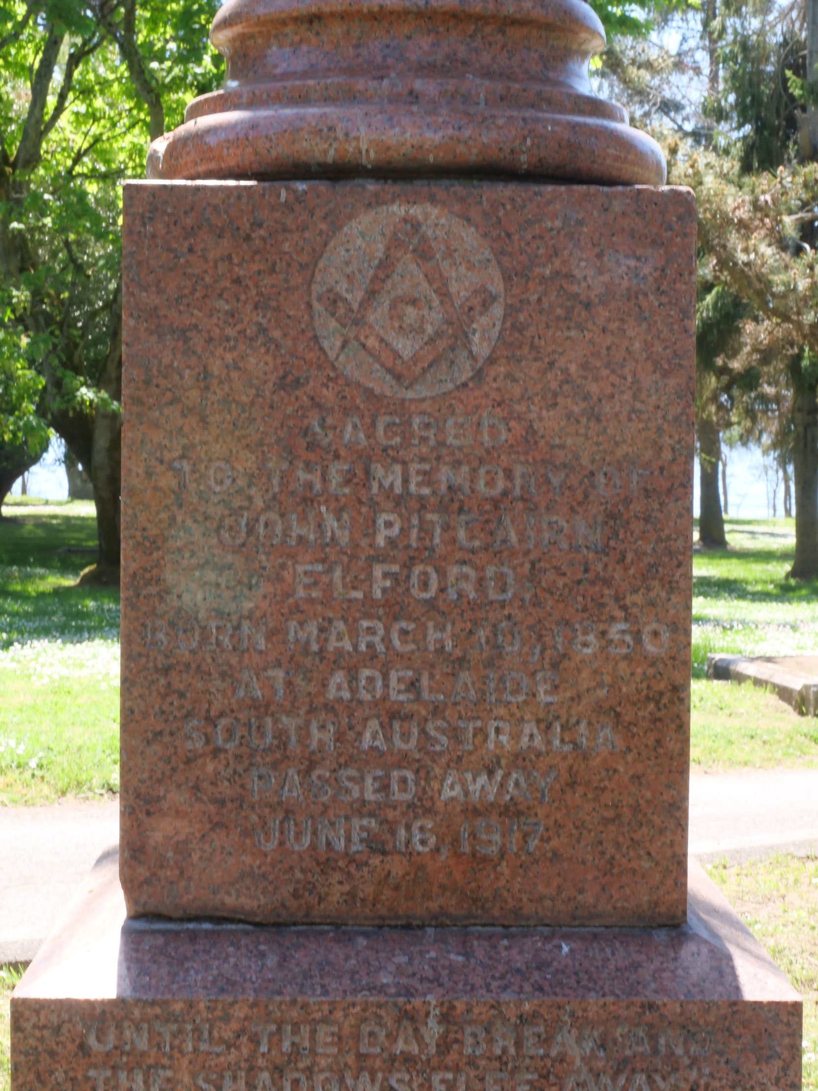 Inscription on the grave of John Pitcairn Elford in Ross Bay Cemetery, Victoria, B.C. [photo: Vancouver & Quadra Lodge No. 2 Historian]