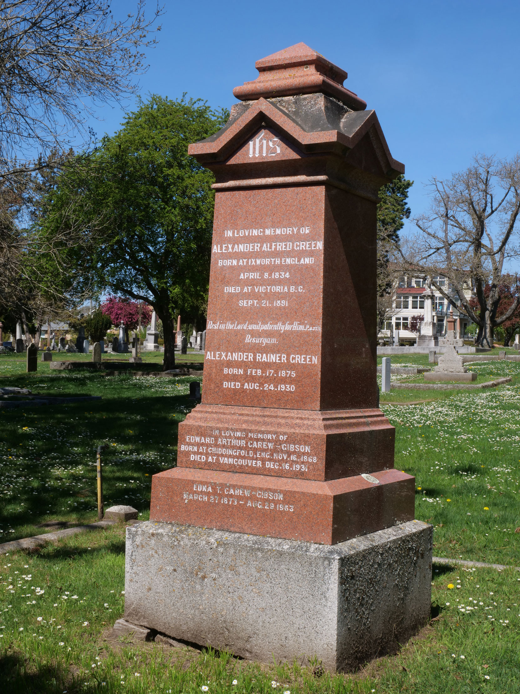 The grave of Alfred Alexander Green in Ross Bay Cemetery, Victoria, B.C. [photo: Vancouver & Quadra Lodge No. 2 Historian]