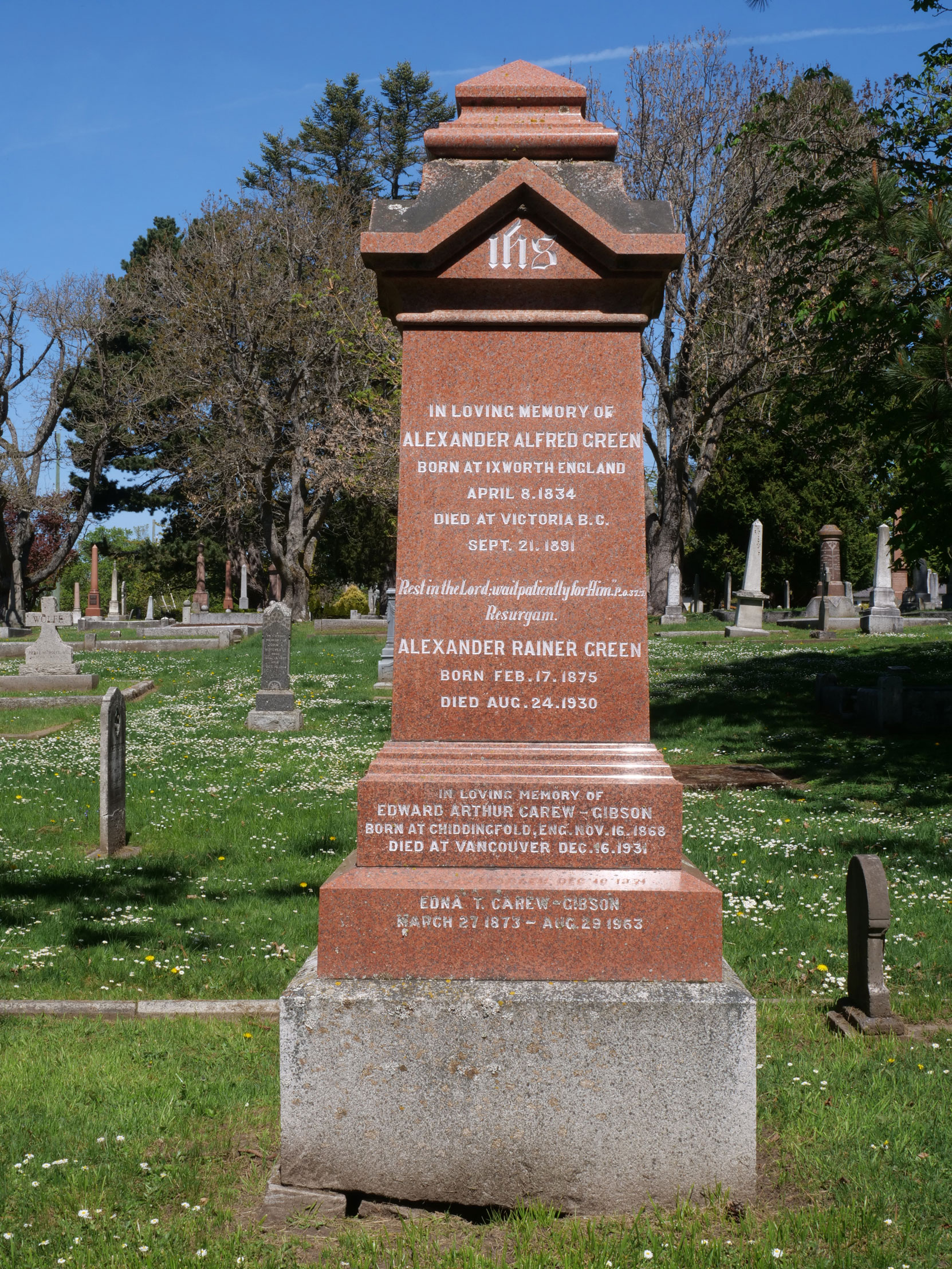 Inscription on the grave of Alfred Alexander Green in Ross Bay Cemetery, Victoria, B.C. [photo: Vancouver & Quadra Lodge No. 2 Historian]