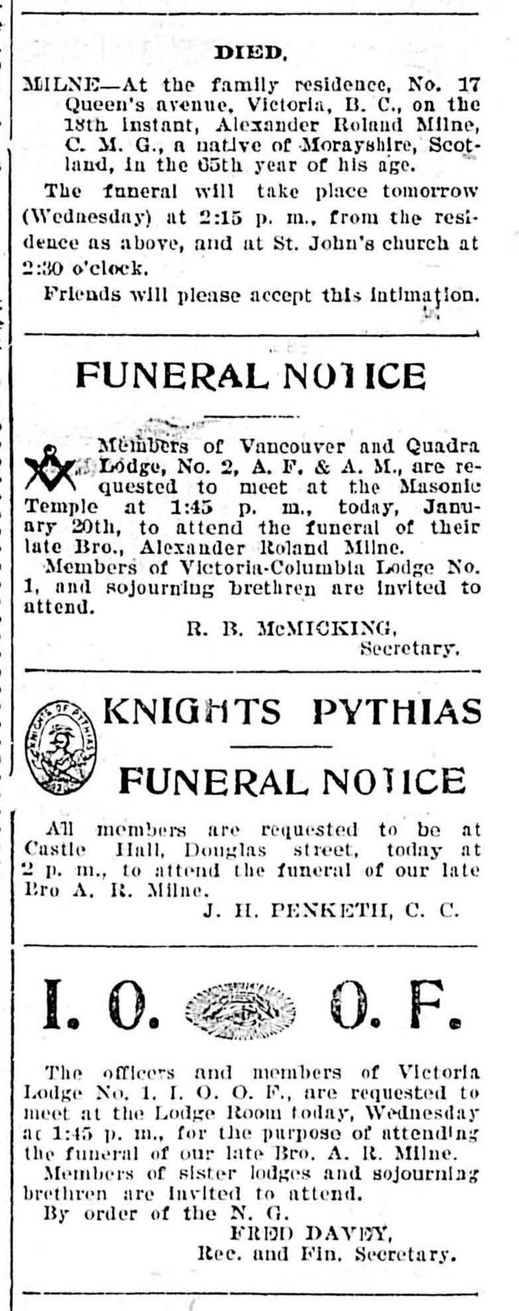 Alexander Roland Milne funeral notices in Victoria's newspapers, January 1904.