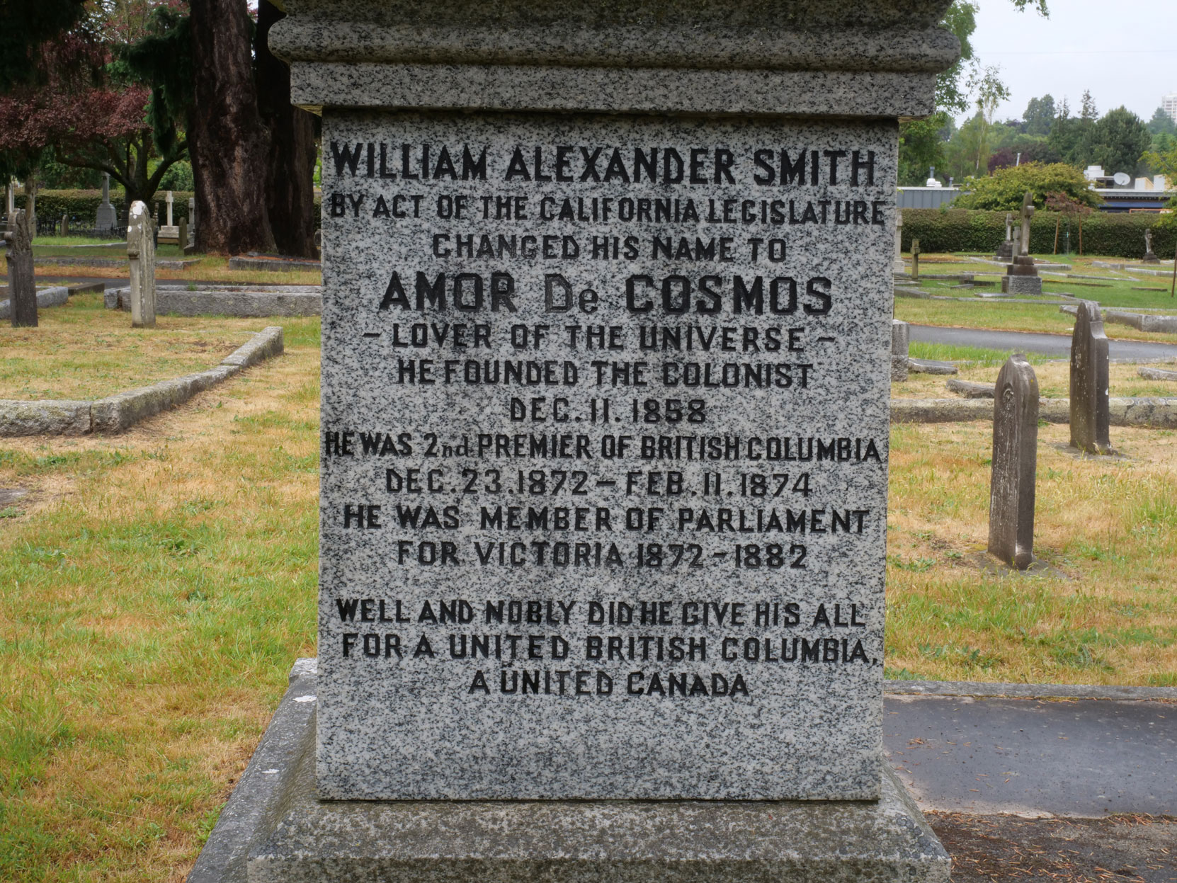 Inscription on the grave of Amor De Cosmos (1825-1897) in Ross Bay Cemetery, Victoria, B.C. [photo: Vancouver & Quadra Lodge No. 2 Historian]