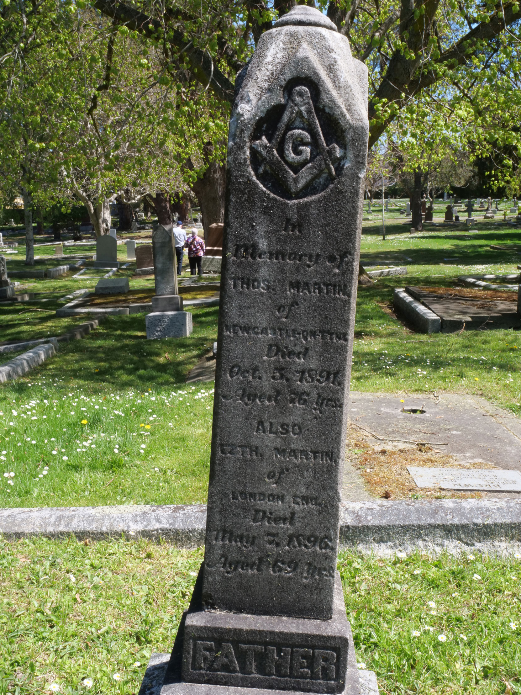 The grave of Thomas Martin (died 1891) in Ross Bay Cemetery, Victoria, B.C. [photo: Vancouver & Quadra Lodge No. 2 Historian]