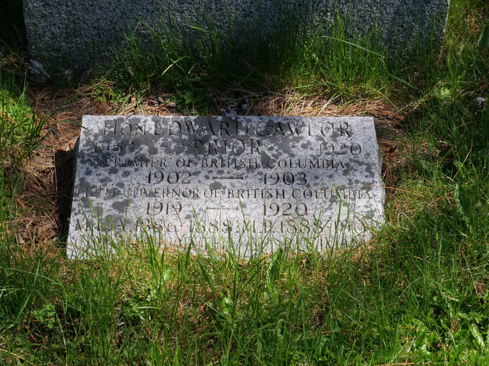 The grave of Edward Gawlor Prior (1853-1920) in Ross Bay Cemetery, Victoria, B.C. [photo: Vancouver & Quadra Lodge No. 2 Historian]