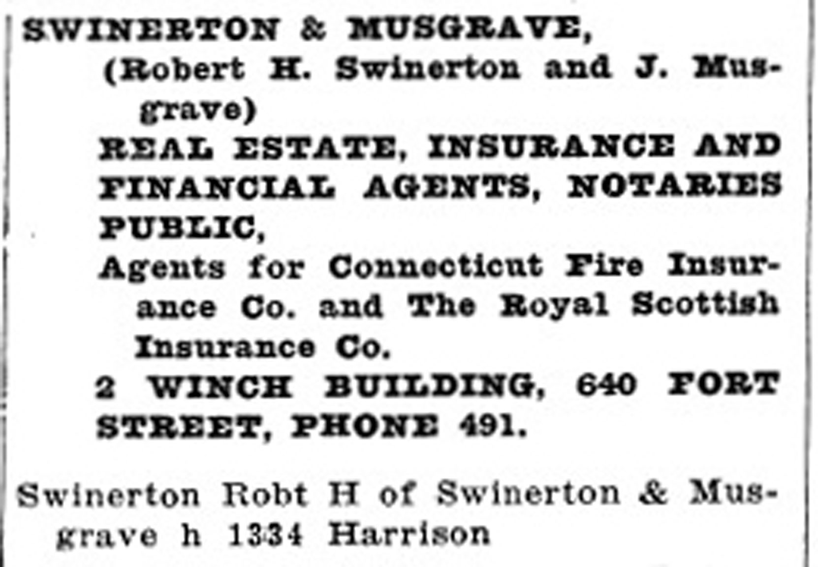 Robert Hemington Swinerton's listing in the 1920 edition of Henderson's Victoria City Directory [source: https://bccd.vpl.ca/title/1920/Henderson%27s_Victoria_Directory.html ]