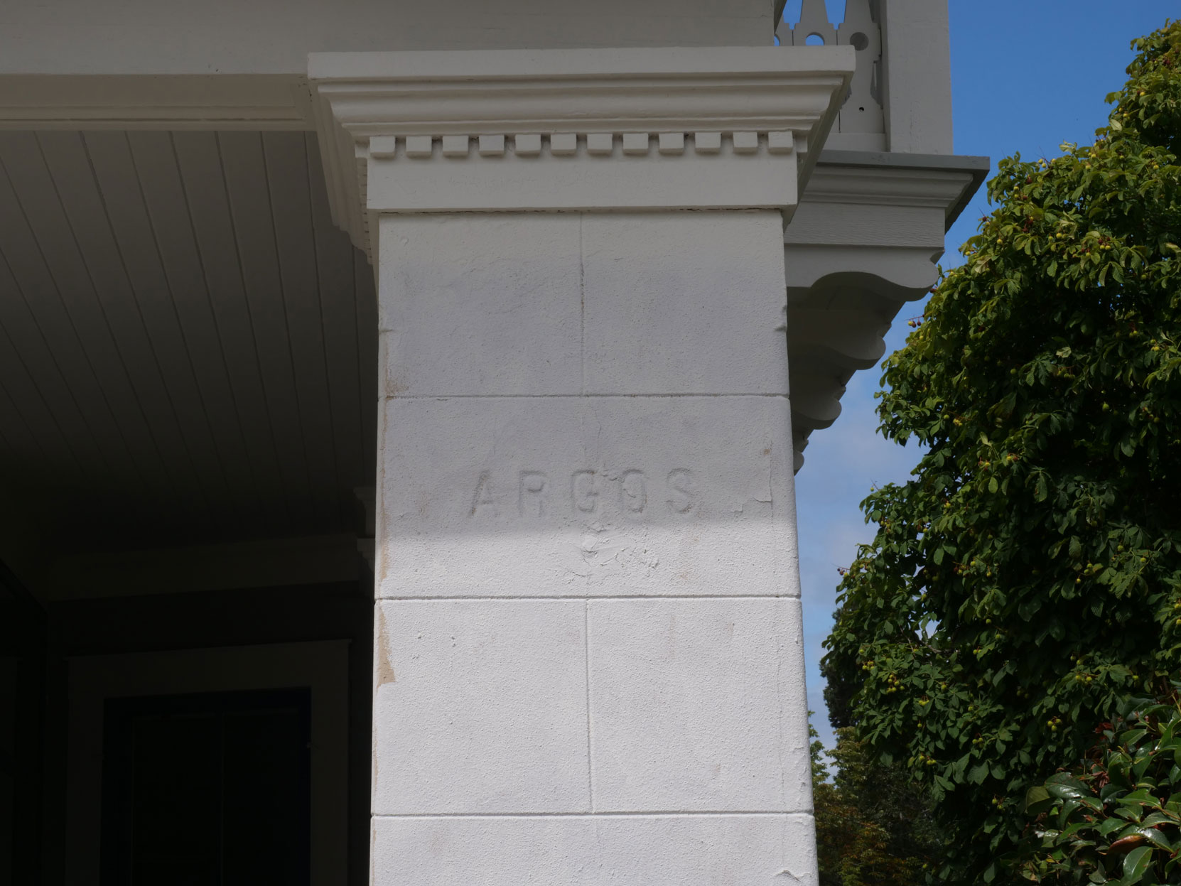 Exterior entrance detail showing "ARGOS", the name given to this building at 1402 Stadacona Avenue/1480 Fort Street by its designer and builder, David Herbert Bale, who used this house as his residence and office. [photo: Vancouver & Quadra Lodge No. 2 Historian]