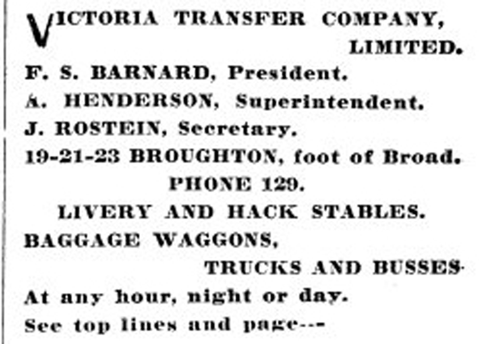 Victoria Transfer Company listing in the 1903 Henderson's Victoria Directory. Francis Stilman Barnard, Anton Henderson and Jospeh Rostein were all members of Victoria-Columbia Lodge No. 1 in Victoria.