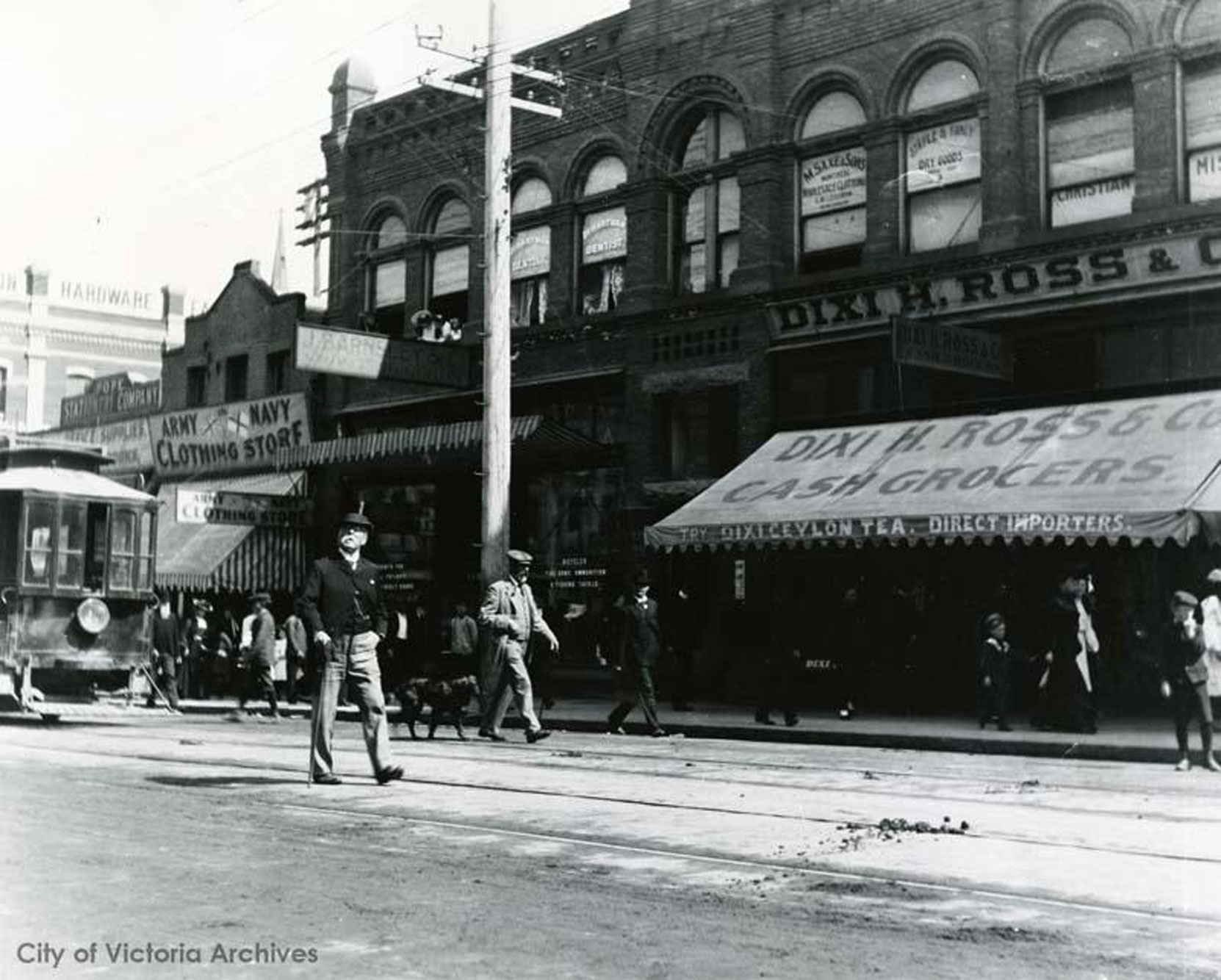 The Dixi H. Ross grocery store on the east side of Government Street between Yates and Johnson Street, circa 1903 [City of Victoria Archives photo M01048]