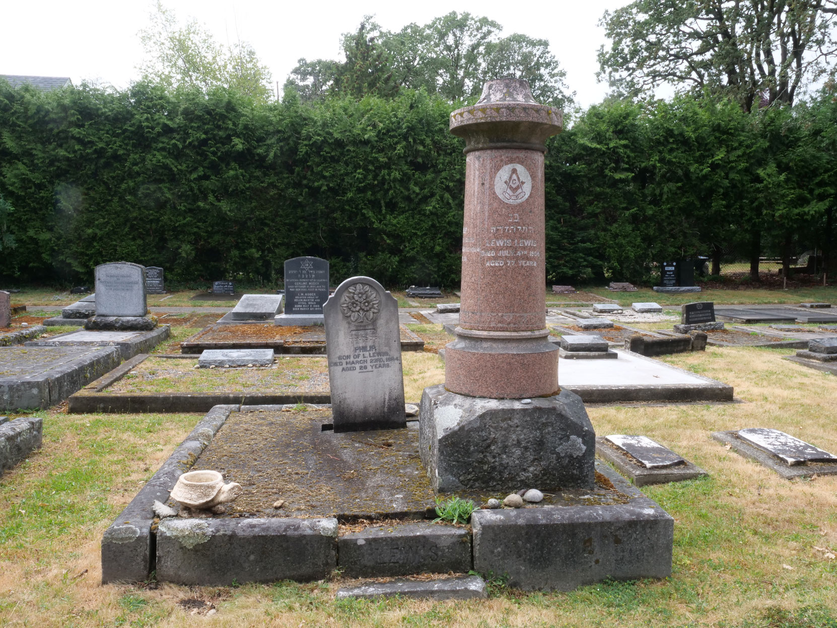 The grave of Lewis Lewis (died 1904, aged 77) in Victoria Jewish Cemetery. [photo: Vancouver & Quadra Lodge No. 2 Historian]