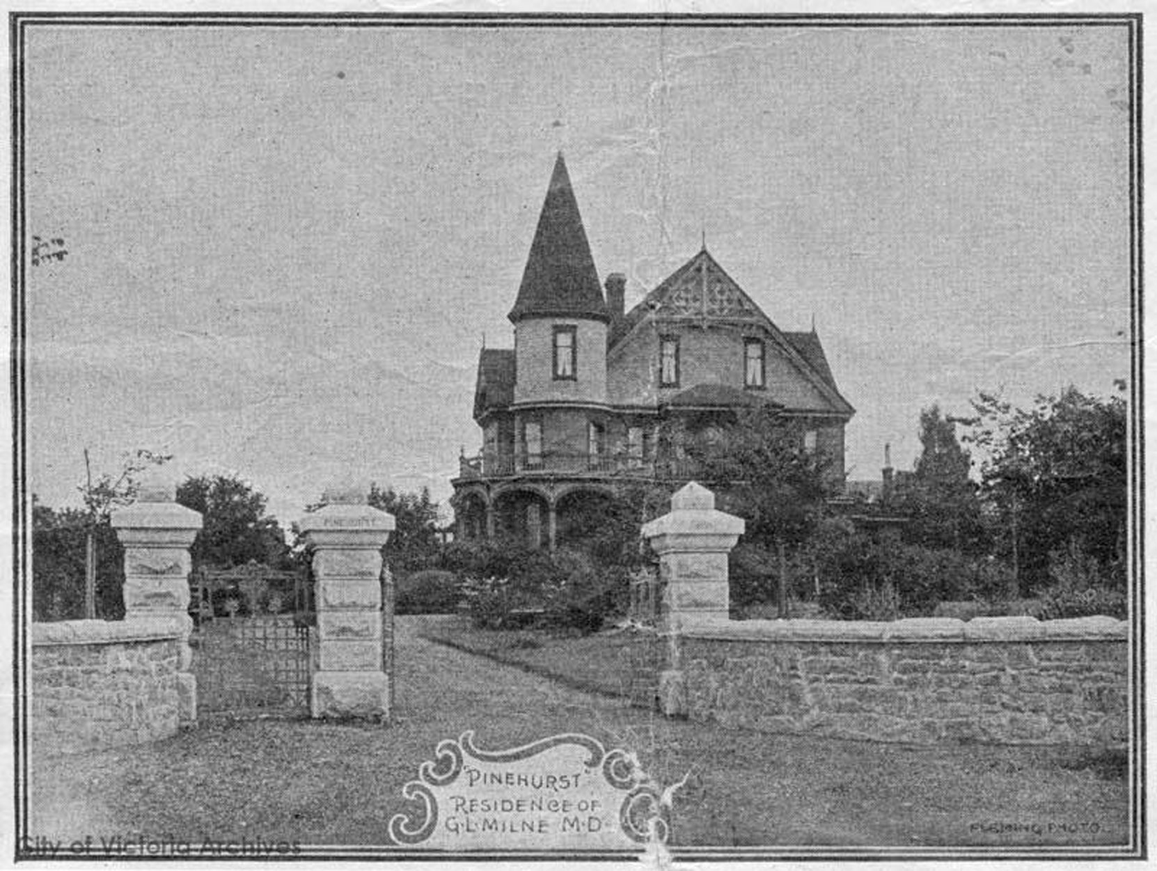 Pinehurst, 617 Battery Street, was built in 1889 by contractor George Mesher. It was purchased in 1892 by Dr. George Lawson Milne, Both George Mesher and Dr. George Lawson Milne were members of Victoria-Columbia Lodge No. 1 [City of Victoria Archives photo M00592].