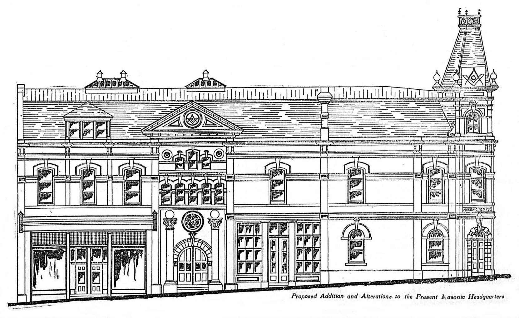 1901 architect's drawing of the south elevation of the Victoria Masonic Temple, 650 Fisgard Street, showing the original 1878 building *right) with the 1909 addition (left)