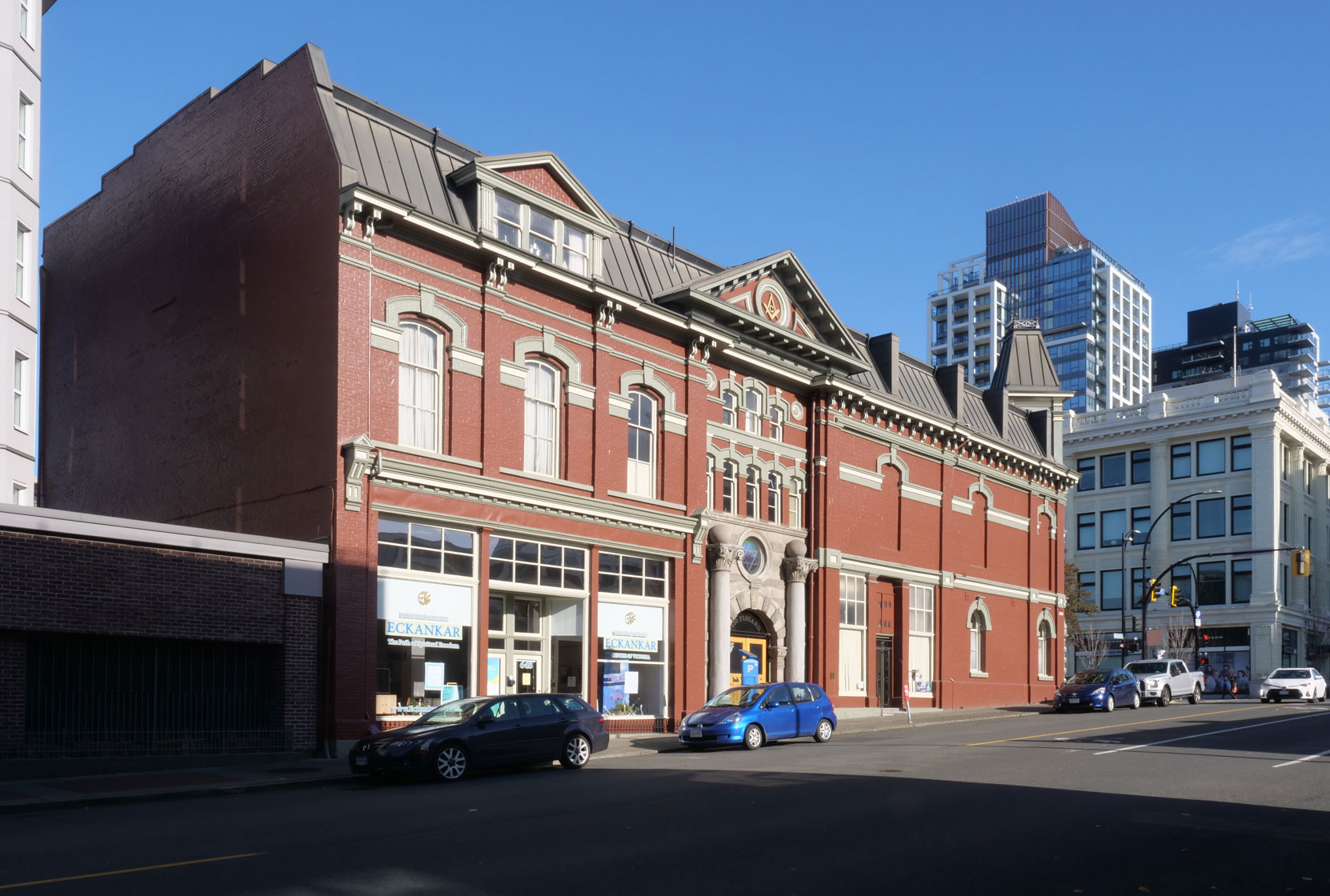 The Victoria Masonic Temple, 650 Fisgard Street, was designed by architect John Teague and built in 1878. A significant addition was built on the west side of the building in 1909. [photo: Mark Anderson]