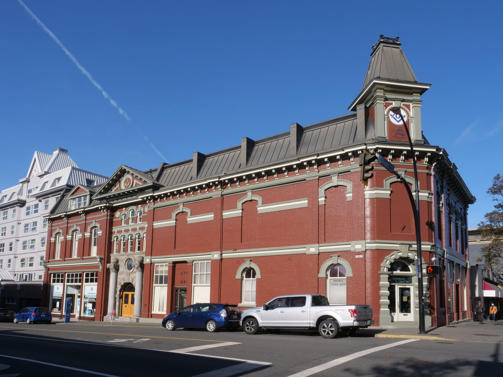 The Victoria Masonic Temple, 650 Fisgard Street, was designed by architect John Teague and built in 1878. A significant addition was built on the west side of the building in 1909. [photo: Mark Anderson]