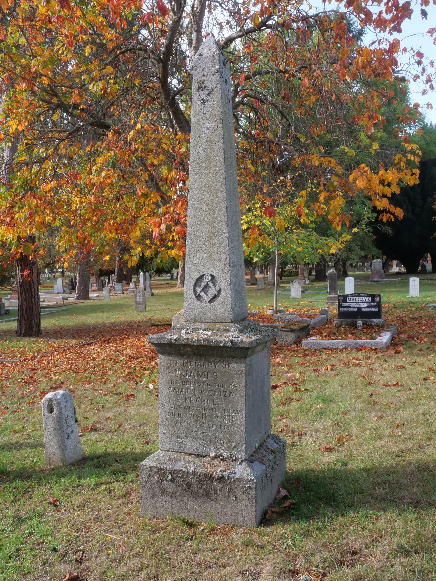 James Hearle (died 1878, aged 32) grave, Ross Bay Cemetery [photo: Mark Anderson]