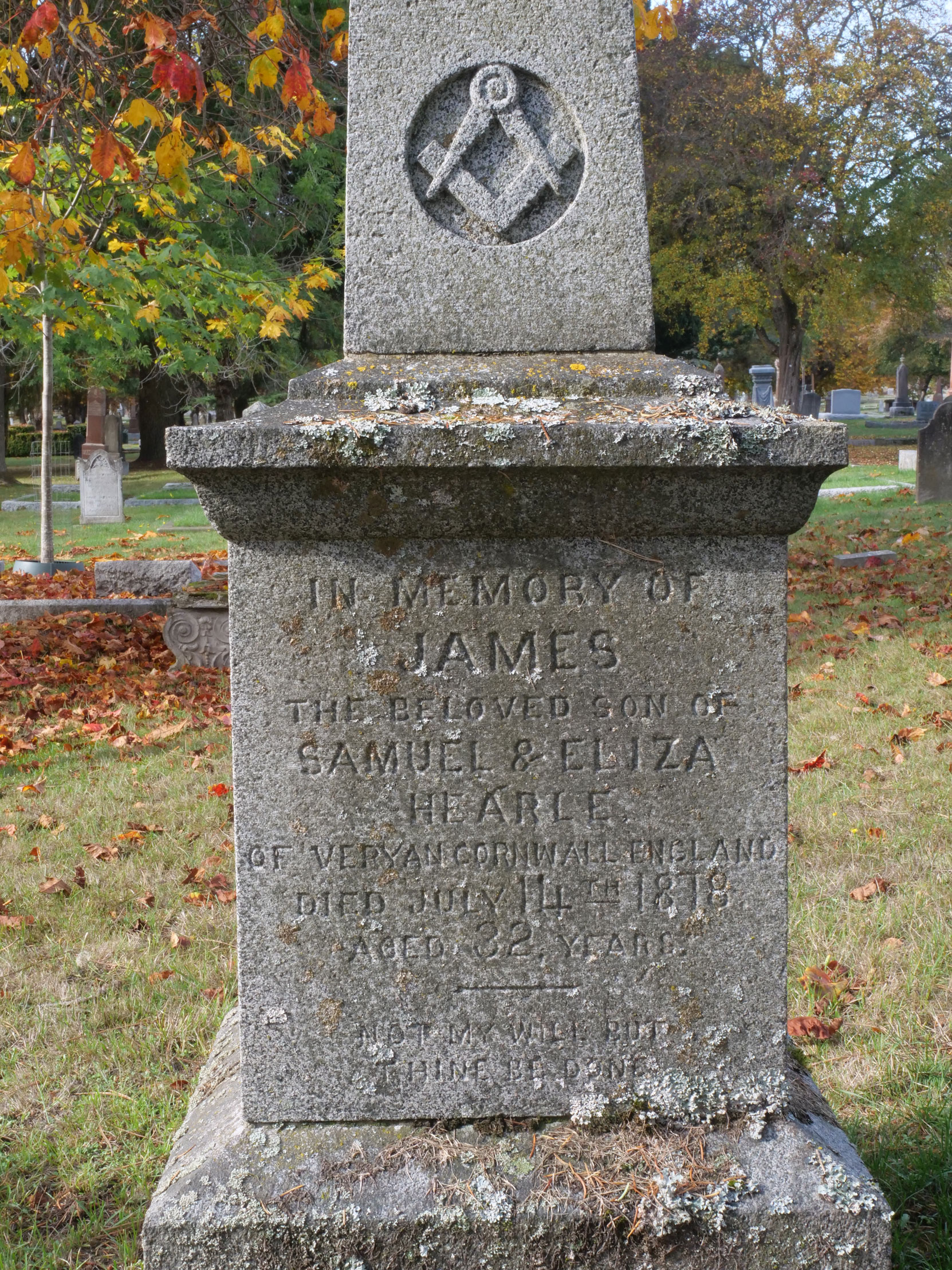 Inscription on the gravestone of James Hearle (died 1878, aged 32), Ross Bay Cemetery [photo: Mark Anderson]